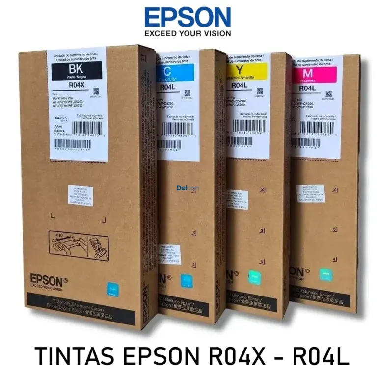 Pack Tintas Epson R04X y R04L Color Negro Cyan Magenta Amarillo, Para Impresoras Epson WorkForce Pro WF-C5210 / WF-C5290 / WF-C5710 / WF-C5790.