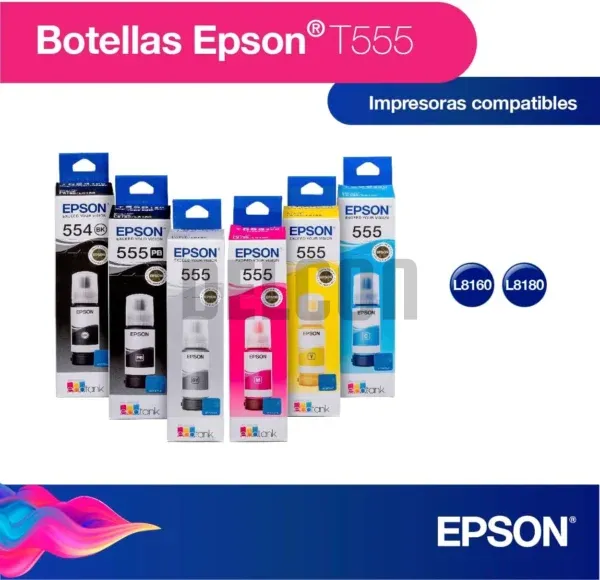 Botellas De Tintas Epson T554 & T555 Color Negro Pigmentado, Negro Foto, Cyan, Magenta, Amarillo, Gris, Para Impresoras Epson EcoTank L8160 / L8180.