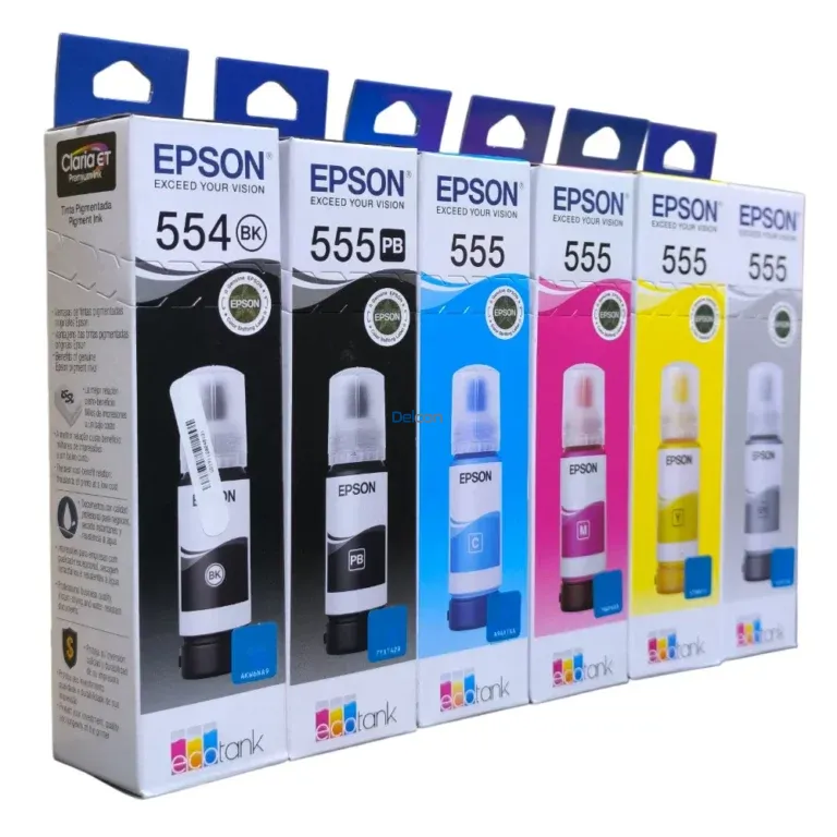 Botellas De Tintas Epson T554 & T555 Color Negro Pigmentado, Negro Foto, Cyan, Magenta, Amarillo, Gris, Para Impresoras Epson EcoTank L8160 / L8180.