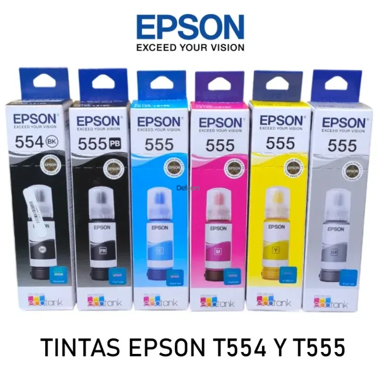 Botellas De Tintas Epson T554 & T555 Color Negro Pigmentado, Negro Foto, Cyan, Magenta, Amarillo, Gris, Para Impresoras Epson EcoTank L8160 / L8180.
