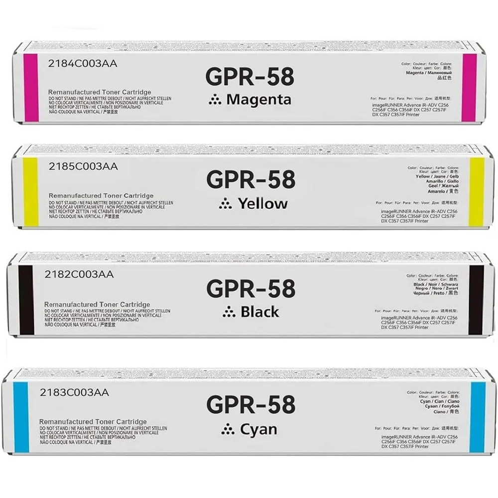 Toner Canon GPR-58 Alternativo, Para Impresoras Canon imageRUNNER ADVANCE C256iF / C356iF / DX C257iF / C357iF, Color Negro Cyan Magenta Amarillo.
